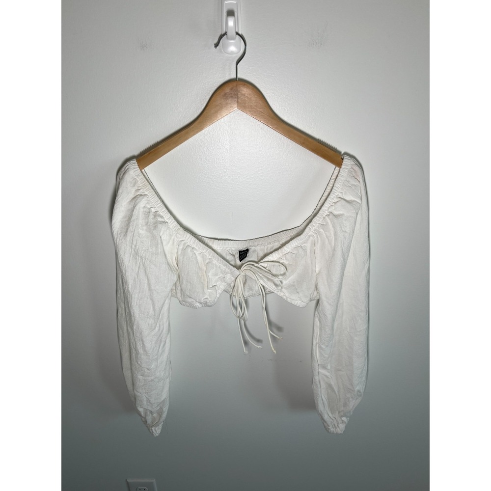 Fairy Cottage Boho Milkmaid Womens Top L White Tie Front Balloon Sleeves